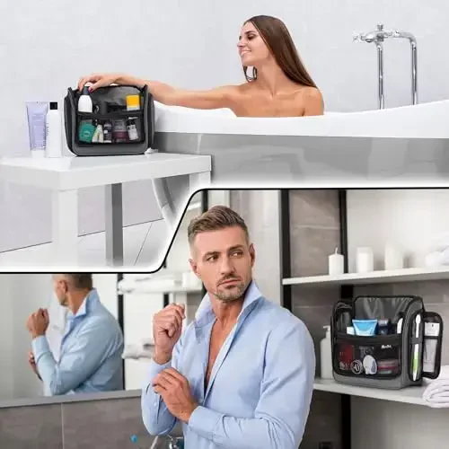 Travel Toiletry Bag for Men and Women - (10.6”x10.6”x3.2”) Large Hanging Toiletry Organizer - Waterproof Hygiene Bag with Metal XXL Swivel Hook, with Sturdy Zippers and 19 Compartments for Toiletries - 3