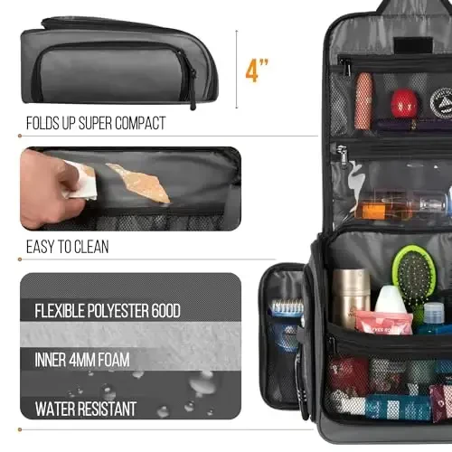 Travel Toiletry Bag for Men and Women - (10.6”x10.6”x3.2”) Large Hanging Toiletry Organizer - Waterproof Hygiene Bag with Metal XXL Swivel Hook, with Sturdy Zippers and 19 Compartments for Toiletries - 6