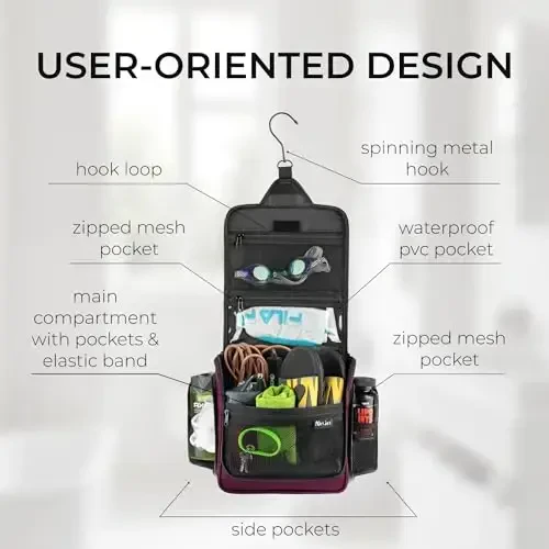 Travel Toiletry Bag for Men and Women - (10.6”x10.6”x3.2”) Large Hanging Toiletry Organizer - Waterproof Hygiene Bag with Metal XXL Swivel Hook, with Sturdy Zippers and 19 Compartments for Toiletries - 3