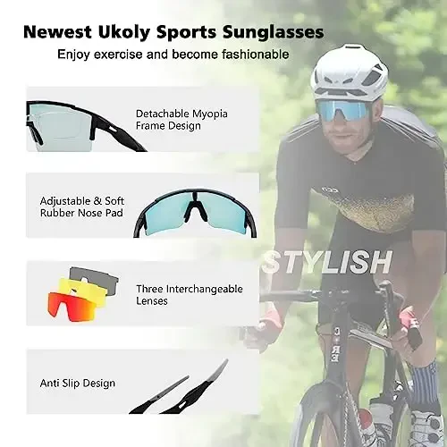 Ukoly Cycling Sunglasses for Men Women with 3 Interchangeable Lenses, Polarized Sports Sunglasses, Baseball Sunglasses - 4