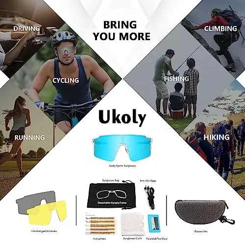 Erkekler ve Kadınlar için Ukoly Spor Güneş Gözlüğü, HD PC Lens UV400 Koruma | Koşu Bisiklet Beyzbol Balıkçılık Golf Yürüyüş için Güneş Gözlüğü, 1 Lens veya 3 Değiştirilebilir Lens ile - 5
