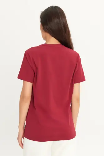 Erkek/unisex Bordo %100 Pamuk Slim Fit Dar Kesim Bisiklet Yaka Basic Tişört - Bordo - 11