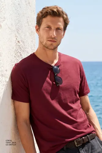 Erkek/unisex Bordo %100 Pamuk Slim Fit Dar Kesim Bisiklet Yaka Basic Tişört-Bordo 