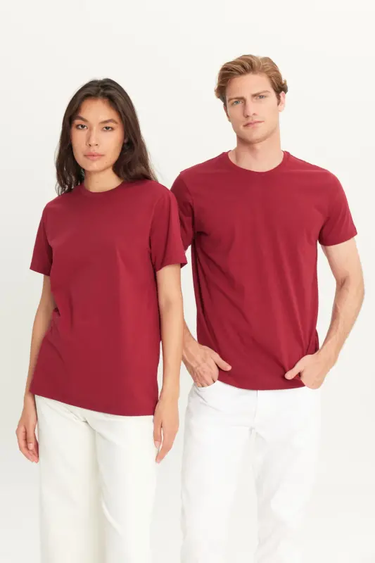 Erkek/unisex Bordo %100 Pamuk Slim Fit Dar Kesim Bisiklet Yaka Basic Tişört-Bordo - 2