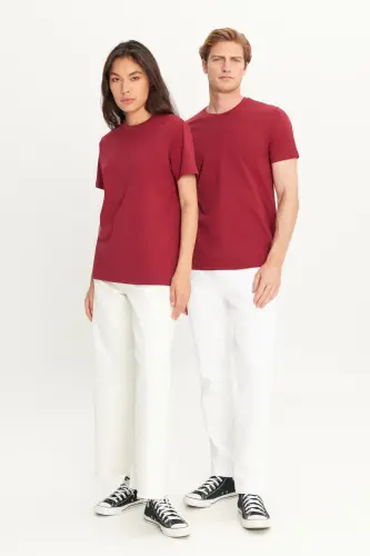 Erkek/unisex Bordo %100 Pamuk Slim Fit Dar Kesim Bisiklet Yaka Basic Tişört-Bordo - 6