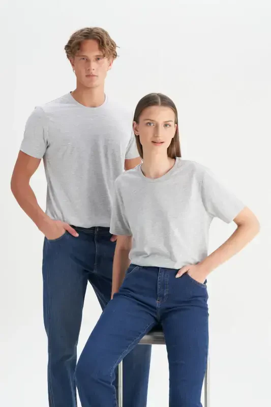 Erkek/unisex Gri Melanj Pamuklu Slim Fit Dar Kesim Bisiklet Yaka Basic Tişört-Gri Melanj - 7