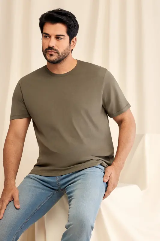Erkek/unisex Haki %100 Pamuk Slim Fit Dar Kesim Bisiklet Yaka Basic Tişört - Haki - 3