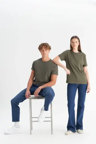 Erkek/unisex Haki %100 Pamuk Slim Fit Dar Kesim Bisiklet Yaka Basic Tişört - Haki - 6