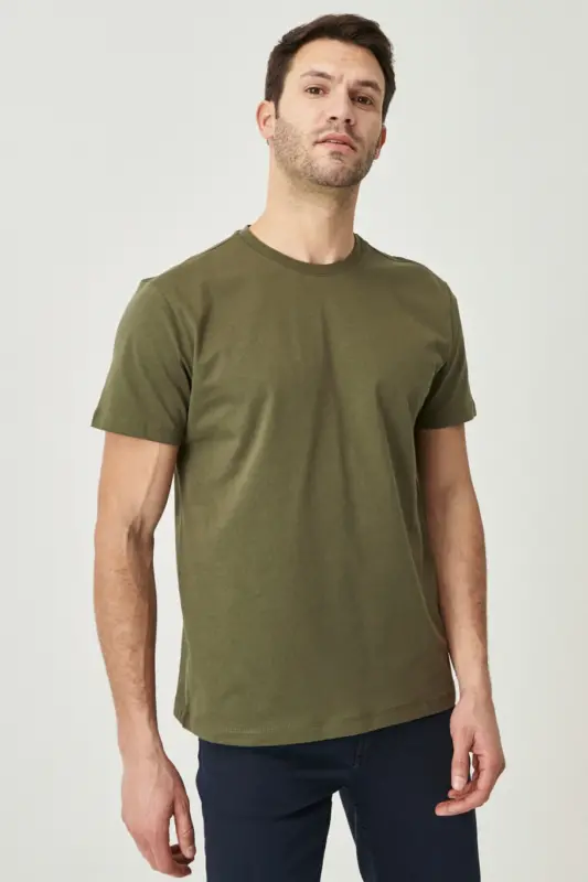 Erkek/unisex Haki %100 Pamuk Slim Fit Dar Kesim Bisiklet Yaka Basic Tişört - Haki - 7
