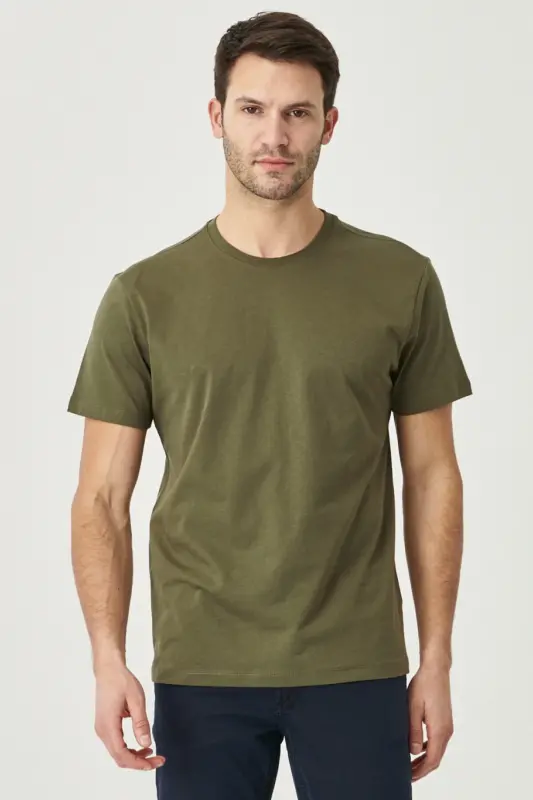 Erkek/unisex Haki %100 Pamuk Slim Fit Dar Kesim Bisiklet Yaka Basic Tişört - Haki - 9