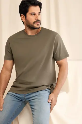 Erkek/unisex Haki %100 Pamuk Slim Fit Dar Kesim Bisiklet Yaka Basic Tişört-Haki 