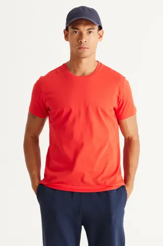 Erkek/unisex Kırmızı %100 Pamuk Slim Fit Dar Kesim Bisiklet Yaka Basic Tişört - Kırmızı 