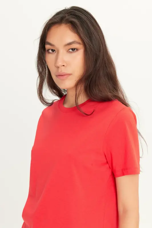 Erkek/unisex Kırmızı %100 Pamuk Slim Fit Dar Kesim Bisiklet Yaka Basic Tişört-Kırmızı - 8