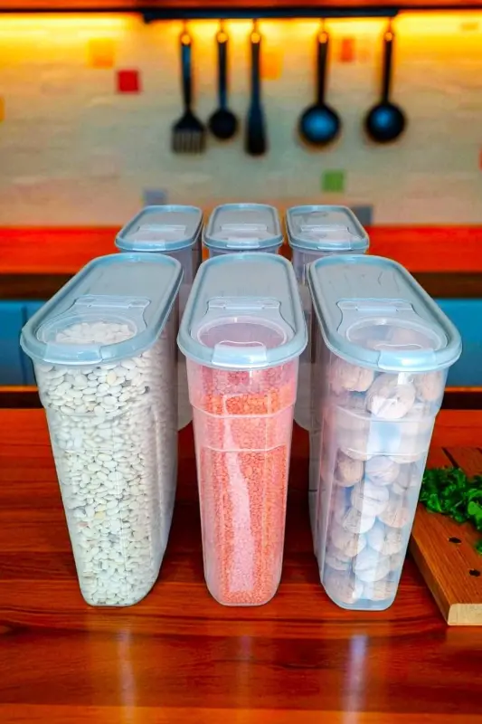 6 Adet 4 Litre Sızdırmaz Erzak Bakliyat Kiler Box Saklama Kabı 6 'lı Set Lüks Şık Kutu Gri - 2