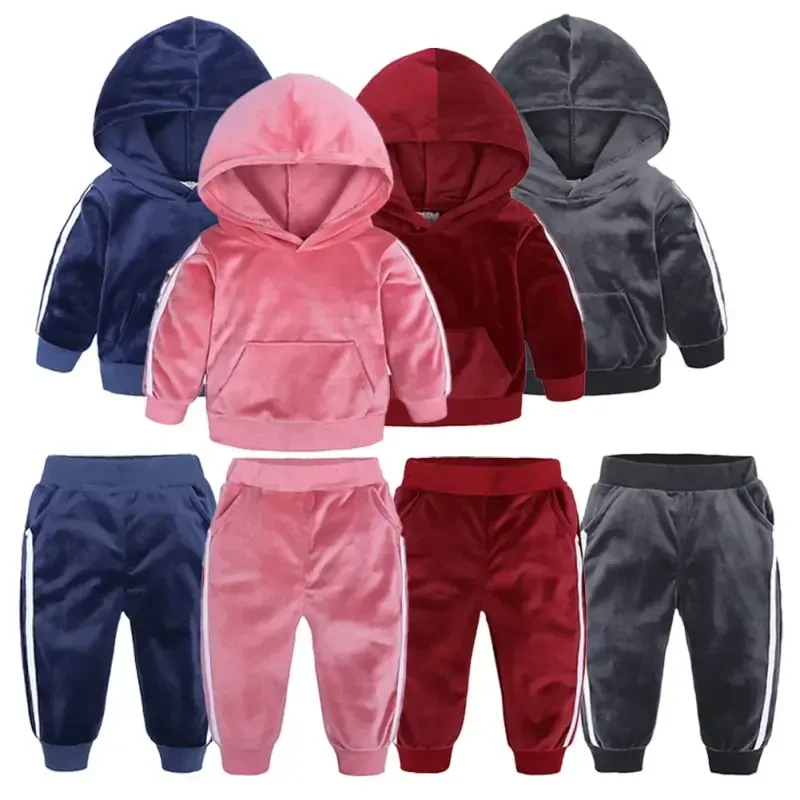 Esaierr 2Pcs Kids Baby Fleece Tracksuit Sweatpants Sets for Boys Girls, 9M-8Y Toddler Fall Winter Hooded Athletic Jogger Pants Set 2Pcs Solid Sweatsuit Outfit - 7