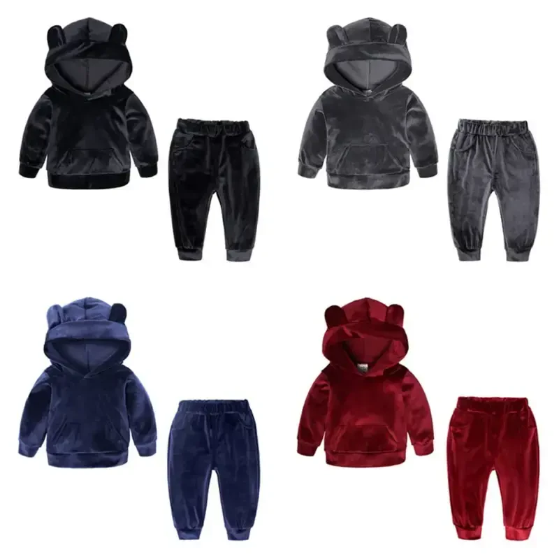 Esaierr Kids Toddler Velour Tracksuit Sweat Suits Set 2PCS Baby Ears Hooded Sweatsuits Outfits with Pockets Workout Jogging Sets Boys Girls Fall Winter Tracksuit Set 9M-8Y- - 8
