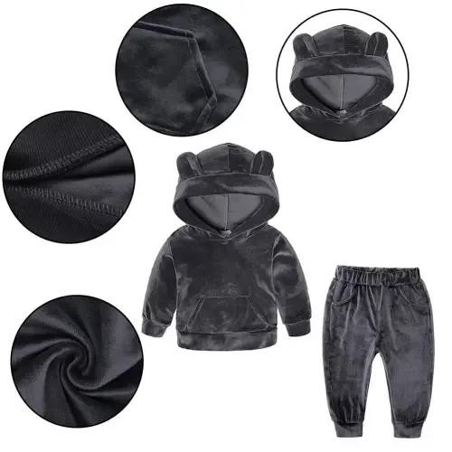 Esaierr Kids Toddler Velour Sport kostyumi Ter to'plamlari 2 dona Chaqaloq quloqlari Kapüşonli sport kostyumlari cho'ntaklar bilan Kiyimlar Mashq qilish Yugurish to'plamlari O'g'il bolalar Qizlar Kuzgi Qishki Sport kostyumi To'plami 9M-8Y - 5