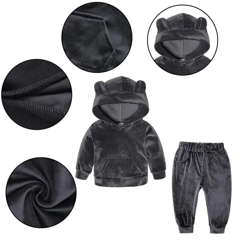Esaierr Kids Toddler Velour Tracksuit Sweat Suits Set 2PCS Baby Ears Hooded Sweatsuits Outfits with Pockets Workout Jogging Sets Boys Girls Fall Winter Tracksuit Set 9M-8Y - 5