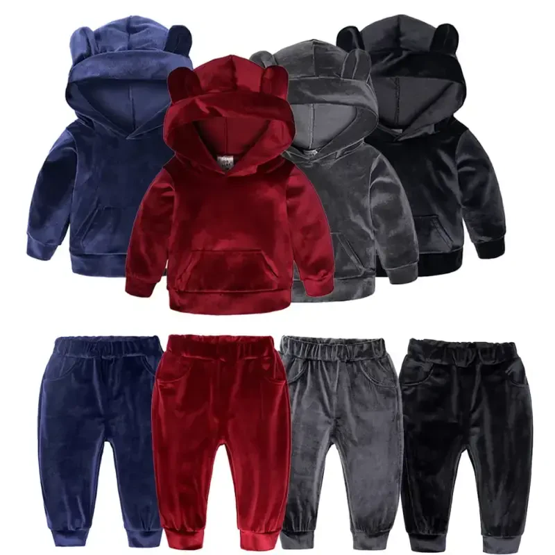 Esaierr Kids Toddler Velour Tracksuit Sweat Suits Set 2PCS Baby Ears Hooded Sweatsuits Outfits with Pockets Workout Jogging Sets Boys Girls Fall Winter Tracksuit Set 9M-8Y - 6