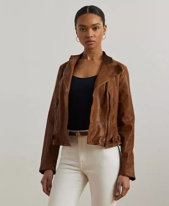 Tumbled-Leather Jacket - Dark Walnut - LAUREN RALPH LAUREN