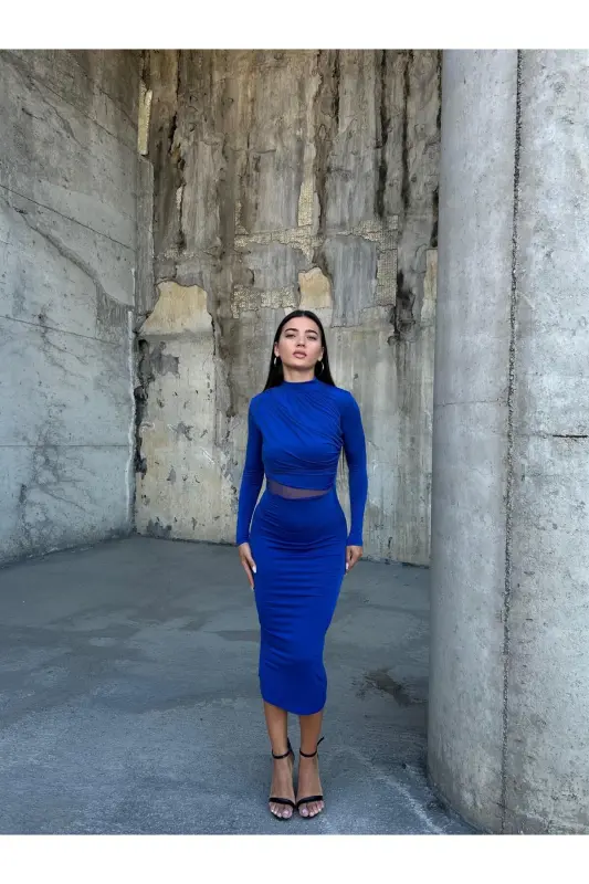 Esnak Sandi Mato Tulli Dekolte Tafsilotli Tik Yoqali Uzun Yengli Midi Bo'yli Qalam Ko'ylak Saks 583154-KO'K - 1