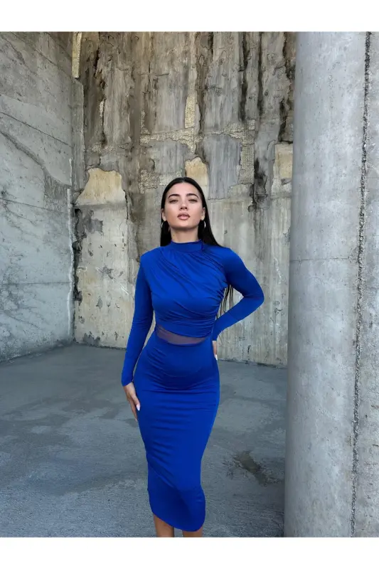 Esnak Sandi Mato Tulli Dekolte Tafsilotli Tik Yoqali Uzun Yengli Midi Bo'yli Qalam Ko'ylak Saks 583154-KO'K - 2