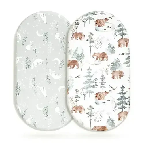 Stretchy Bassinet Mattress Sheets, Ultra Soft Bassinet Sheet 2 Pack, Universal Fitted for Oval Hourglass Rectangular Bassinet Mattress Pad Safe and Snug, Stylish Pattren of Bear and Wolf Print - STRETCHY
