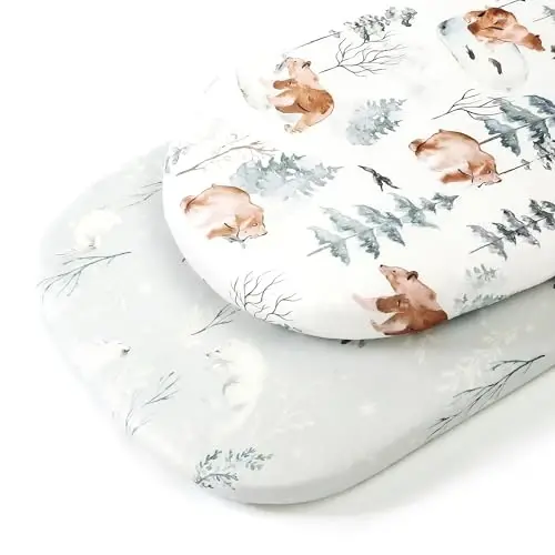 Stretchy Bassinet Mattress Sheets, Ultra Soft Bassinet Sheet 2 Pack, Universal Fitted for Oval Hourglass Rectangular Bassinet Mattress Pad Safe and Snug, Stylish Pattren of Bear and Wolf Print - 1