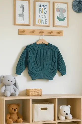 Esnek Bisiklet Yaka Selanik Örgü Unisex Bebek ve Çocuk Kazak - Indigo - 3