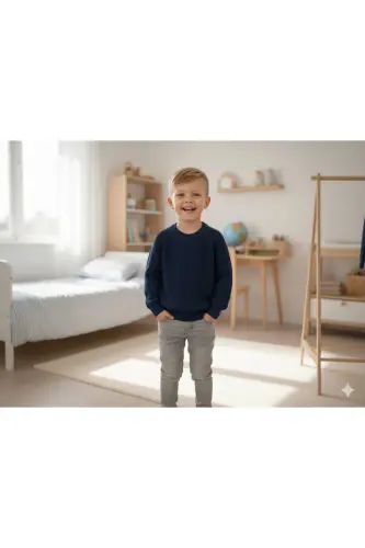 Esnek Bisiklet Yaka Selanik Örgü Unisex Bebek ve Çocuk Kazak - Lacivert - NIMINI KIDS (1)