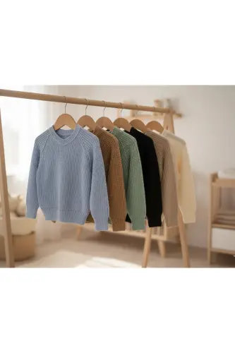 Esnek Bisiklet Yaka Selanik Örgü Unisex Bebek ve Çocuk Kazak - somon - 5