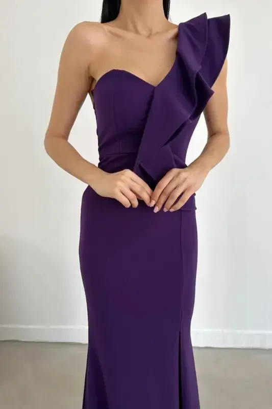 Esnek Krep Mato Bir Yelkali Binafsha Uzoq Kechki Libos Binafsha Maxi Prom Libos 024-MOR - 3