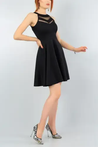 Esnek Kumaş Transparan Detay Siyah Abiye Elbise Kına Nişan Mezuniyet Elbisesi 2222-SİYAH GOS 2222 - 3