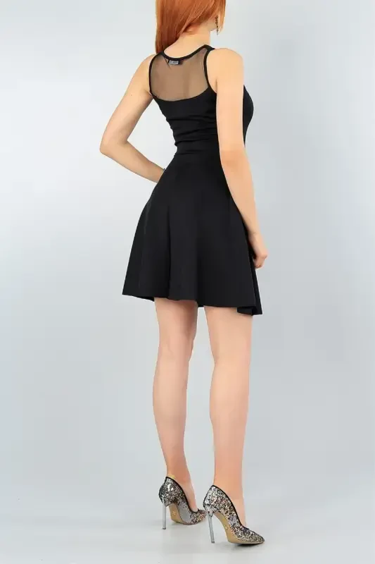 Esnek Kumaş Transparan Detay Siyah Abiye Elbise Kına Nişan Mezuniyet Elbisesi 2222-SİYAH GOS 2222 - 4