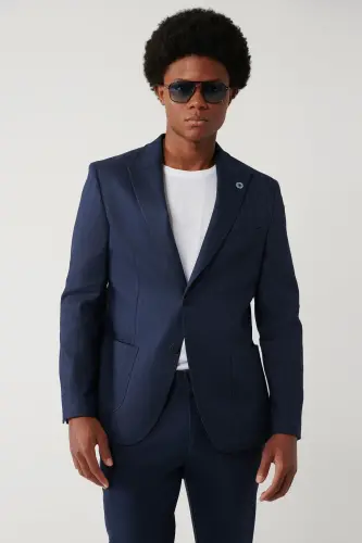 Erkek Lacivert Keten Karışımlı Hafif Astarsız Esnek Comfort Slim Fit Ceket A41Y4006 - Lacivert - 1