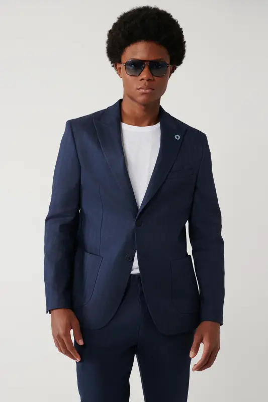 Erkek Lacivert Keten Karışımlı Hafif Astarsız Esnek Comfort Slim Fit Ceket A41Y4006 - Lacivert - 1