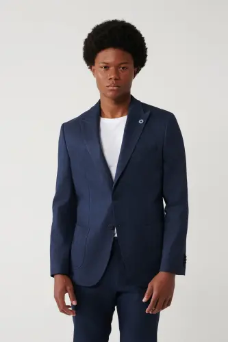 Erkek Lacivert Keten Karışımlı Hafif Astarsız Esnek Comfort Slim Fit Ceket A41Y4006 - Lacivert - 3