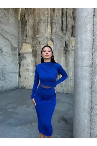 Esnek Sandy Kumaş Tül Dekolte Detaylı Dik Yaka Uzun Kollu Midi Boy Kalem Elbise Saks 583154 - LACİVERT - 3