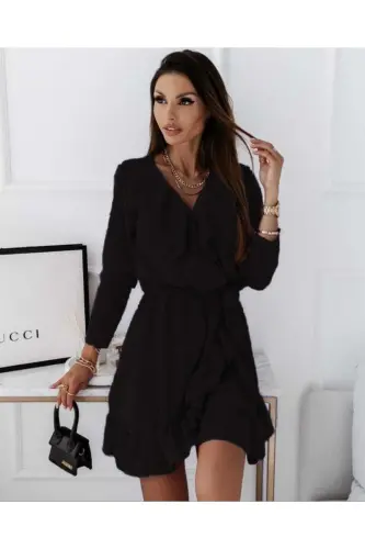 Esnek Siyah Krep Kumaş Kruvaze Yaka Volan Detaylı Beli Lastikli Ve Bağcıklı Abiye Elbise 581842 631-SİYAH 