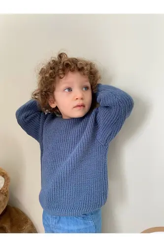 Esnek Triko Kazak Bisiklet Yaka Oversize Unisex Bebek Çocuk 1-5 Yaş - Indigo 
