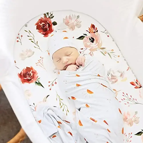 Stretchy Ultra Soft Bassinet Fitted Sheets 3 Pack, Universal Fitted for Bassinets Oval Rectangle Mattress, Pretty Bassinet Sheets for Baby Girls, Watercolor Rose Flora Orange Pink - 3