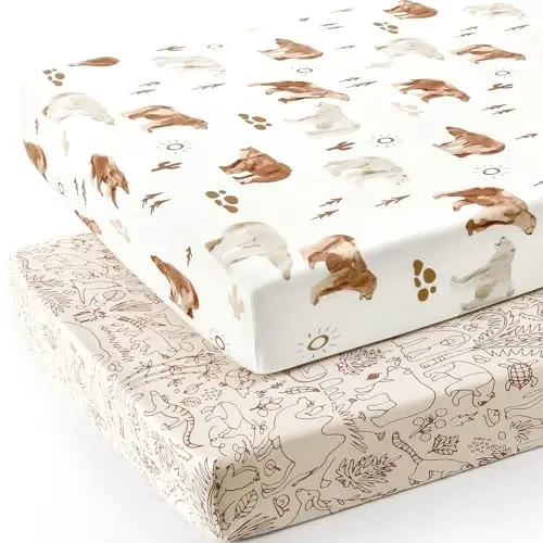 Stretchy Ultra Soft Jersey Knit Fitted Crib Sheets Set 2 Pack，Universal Fit All Standard Crib Mattress Pads Safe and Snug, Crib Fitted Sheet for Boys and Girls, Cute Animals Print - 2