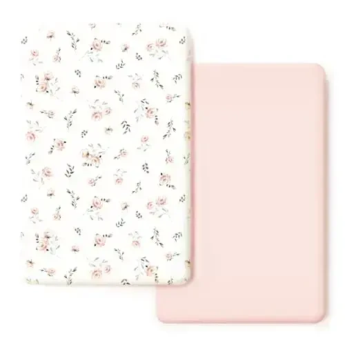 Stretchy Ultra Soft Jersey Knit Fitted Pack n Play Sheets Set 2 Pack, Portable/Mini Crib Sheets for Girls, Universal Fit for Pack N Plays Safe and Snug, Pink Rose Print - STRETCHY