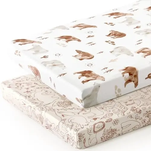 Stretchy Ultra Soft Jersey Knit Pack n Play Sheets Set 2 Pack, Portable/Mini Crib Sheets for Boys and Girls, Universal Fit for Pack N Plays Safe and Snug, Stylish Playard Sheets of Cute Animals Print - 2
