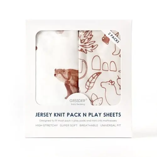 Stretchy Ultra Soft Jersey Knit Pack n Play Sheets Set 2 Pack, Portable/Mini Crib Sheets for Boys and Girls, Universal Fit for Pack N Plays Safe and Snug, Stylish Playard Sheets of Cute Animals Print - 4