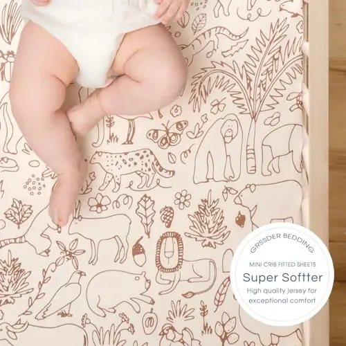 Stretchy Ultra Soft Jersey Knit Pack n Play Sheets Set 2 Pack, Portable/Mini Crib Sheets for Boys and Girls, Universal Fit for Pack N Plays Safe and Snug, Stylish Playard Sheets of Cute Animals Print - 5