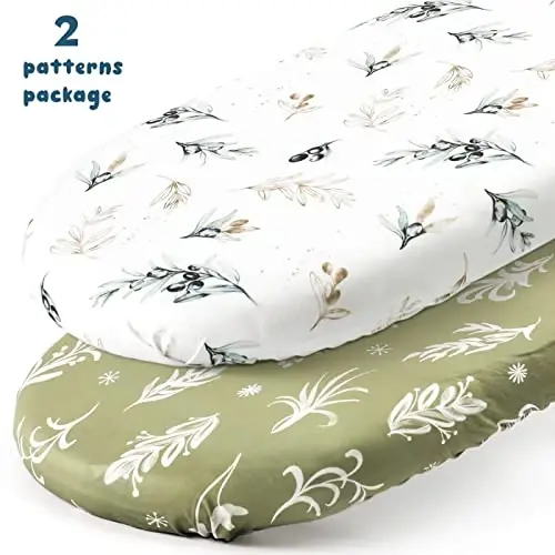 Stretchy Ultra Soft Fitted Bassinet Sheets Set 2 Pack, Cradle Sheet Universal Fit for Rectangle, Oval or Hourglass Bassinet Pad/Mattress Safe and Snug, Stylish Watercolor Flora and Olive - STRETCHY (1)