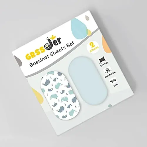 Stretchy Ultra Soft Fitted Bassinet Sheet Set 2 Pack, Universal Fit for Bassinets Baby Cradle Moses Basket Oval Rectangle Pad/Mattress, Lovely Whale Bassinet Sheets - 2