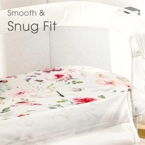 Stretch Ultra Soft Fitted Bassinet Sheet Set 2 Pack, Universal Fit for Bassinets Baby Cradle Moses Basket Oval Rectangle Mattress Safe and Snug, Beautiful Flowers and Insects Pattern for Baby Girls - 5