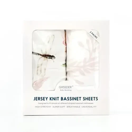Stretch Ultra Soft Fitted Bassinet Sheet Set 2 Pack, Universal Fit for Bassinets Baby Cradle Moses Basket Oval Rectangle Mattress Safe and Snug, Beautiful Flowers and Insects Pattern for Baby Girls - 3